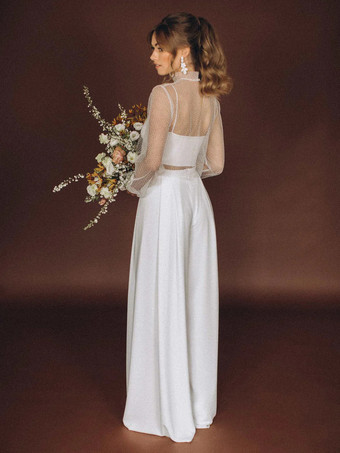 ホワイトスリーピースウェディングドレス レース レース イリュージョンネックライン ツーピース フロア丈 バックレス ロングスリーブ フロア丈 ホワイト