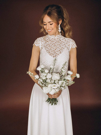 スリーピースウェディングドレス シフォンレース イリュージョンネックライン ツーピース トレーン付き バックレス 半袖 ロング ホワイト