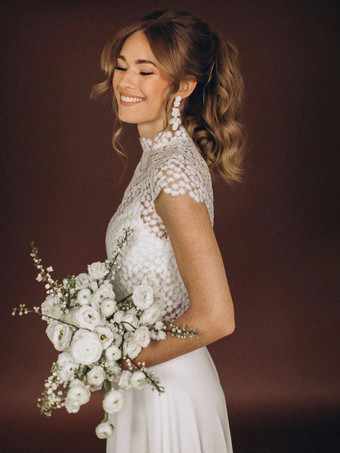 スリーピースウェディングドレス シフォンレース イリュージョンネックライン ツーピース トレーン付き バックレス 半袖 ロング ホワイト