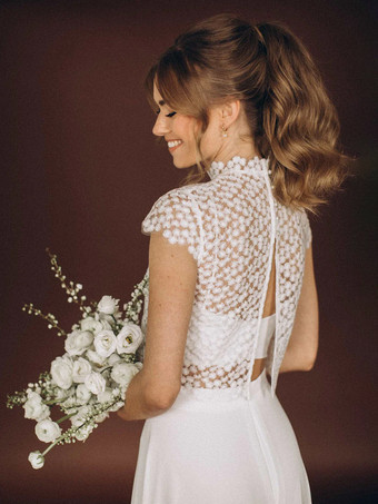 スリーピースウェディングドレス シフォンレース イリュージョンネックライン ツーピース トレーン付き バックレス 半袖 ロング ホワイト