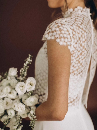 スリーピースウェディングドレス シフォンレース イリュージョンネックライン ツーピース トレーン付き バックレス 半袖 ロング ホワイト