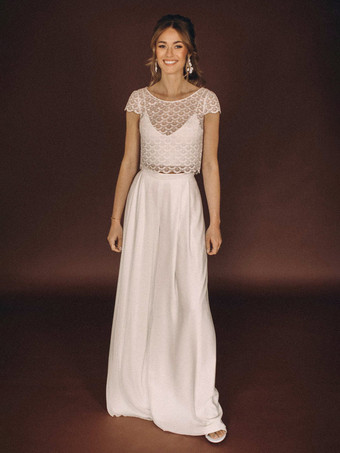 アイボリー3ピースウェディングドレス シフォンレース イリュージョンネックライン ツーピース フロアレングス バックレス ショートスリーブ ロング ホワイト