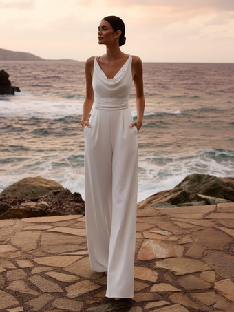 AvorioTuta da sposa in chiffon con volant lunga fino al pavimento scollatura disegnata senza maniche vita naturale 2 pezzi