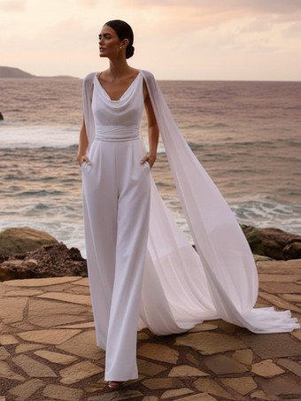 BiancoTuta da sposa in chiffon con volant lunga fino al pavimento scollatura disegnata senza maniche vita naturale 2 pezzi