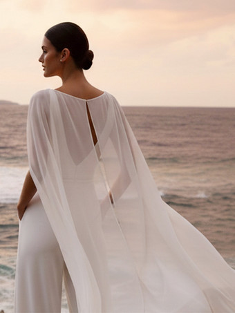 Tuta da sposa in chiffon con volant lunga fino al pavimento scollatura disegnata senza maniche vita naturale 2 pezzi