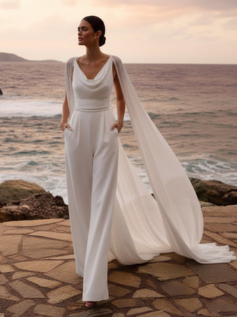 Tuta da sposa in chiffon con volant lunga fino al pavimento scollatura disegnata senza maniche vita naturale 2 pezzi