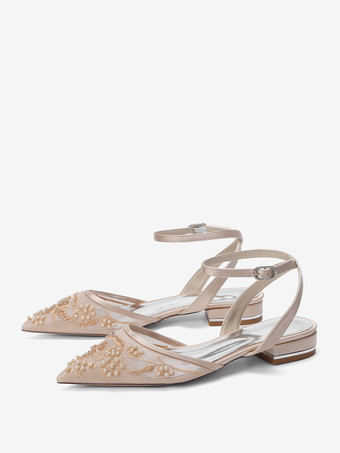 Zapatos de novia de satén con punta blanca y apliques planos