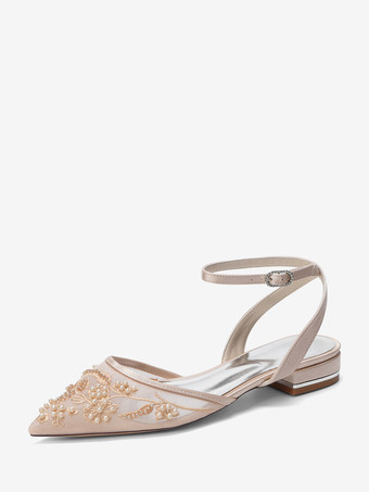 Color champañaZapatos de novia de satén con punta blanca y apliques planos