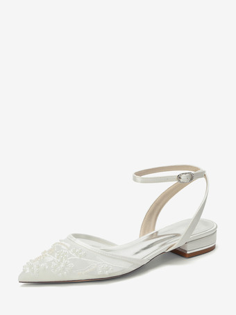 Marfil   Zapatos de novia de satén con punta blanca y apliques planos