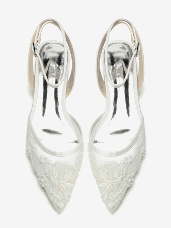 Zapatos de novia de satén con punta blanca y apliques planos