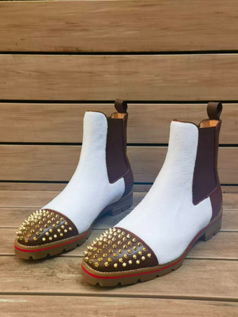 ホワイト メンズ アンクルブーツ ラウンドトゥ スタッズ フラット チェルシーブーツ