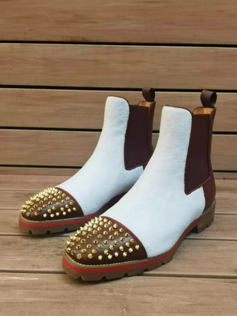 メンズ アンクルブーツ ラウンドトゥ スタッズ フラット チェルシーブーツ