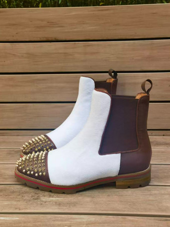 メンズ アンクルブーツ ラウンドトゥ スタッズ フラット チェルシーブーツ