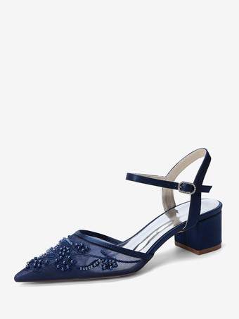 azul oscuro Zapatos de novia de satén con punta puntiaguda y tacón grueso.