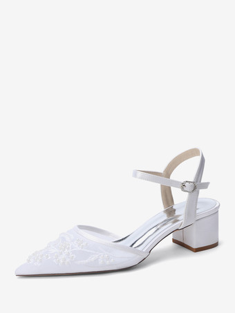 blanco Zapatos de novia de satén con punta puntiaguda y tacón grueso.