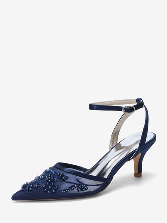 Blu scuro Scarpe da sposa con tacco a gattino punta a punta cinturino alla caviglia