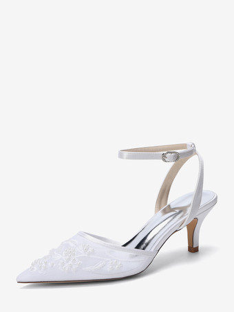 Bianco Scarpe da sposa con tacco a gattino punta a punta cinturino alla caviglia