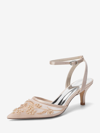 Champagne Scarpe da sposa con tacco a gattino punta a punta cinturino alla caviglia