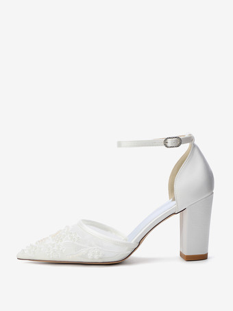 Zapatos de boda de tacón de bloque punta puntiaguda tacón alto con cuentas zapatos de novia