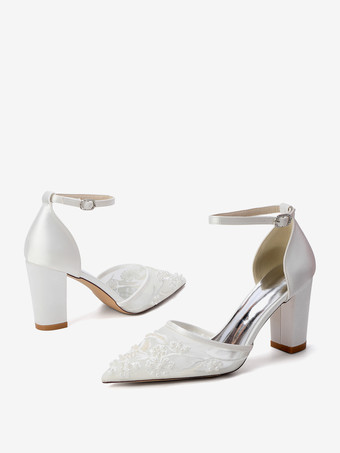 Zapatos de boda de tacón de bloque punta puntiaguda tacón alto con cuentas zapatos de novia