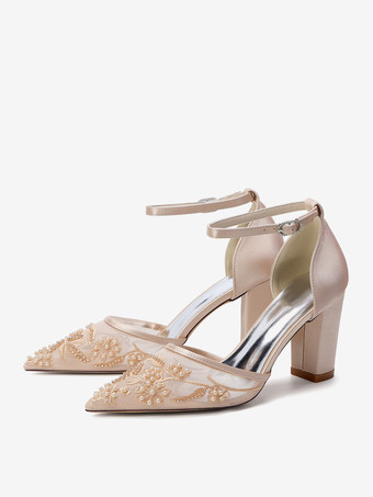 Zapatos de boda de tacón de bloque punta puntiaguda tacón alto con cuentas zapatos de novia