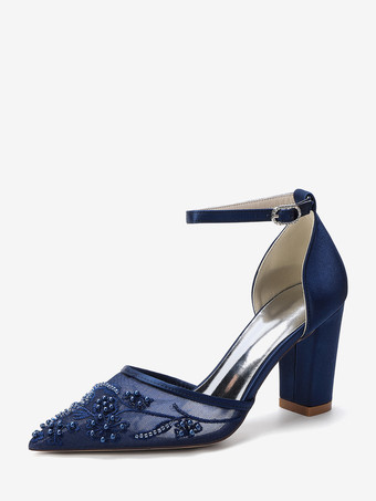 azul oscuro Zapatos de boda de tacón de bloque punta puntiaguda tacón alto con cuentas zapatos de novia
