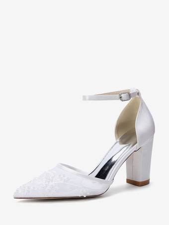 blanco Zapatos de boda de tacón de bloque punta puntiaguda tacón alto con cuentas zapatos de novia