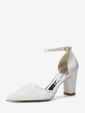 Marfil   Zapatos de boda de tacón de bloque punta puntiaguda tacón alto con cuentas zapatos de novia