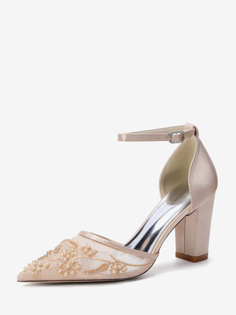 Color champañaZapatos de boda de tacón de bloque punta puntiaguda tacón alto con cuentas zapatos de novia