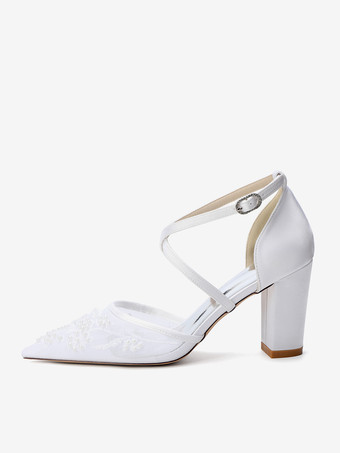 Zapatos de boda de encaje para mujer punta puntiaguda tacón de bloque cruzado zapatos de novia
