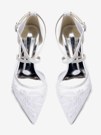 Zapatos de boda de encaje para mujer punta puntiaguda tacón de bloque cruzado zapatos de novia