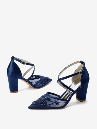 Zapatos de boda de encaje para mujer punta puntiaguda tacón de bloque cruzado zapatos de novia