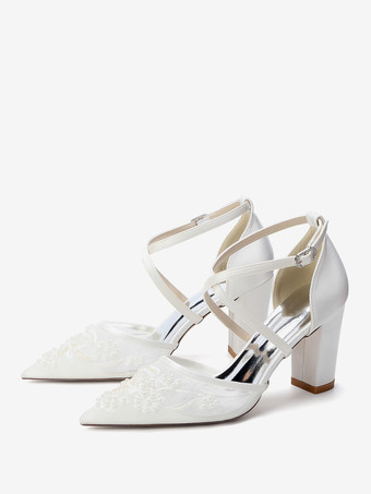 Zapatos de boda de encaje para mujer punta puntiaguda tacón de bloque cruzado zapatos de novia