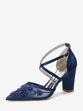 azul oscuro Zapatos de boda de encaje para mujer punta puntiaguda tacón de bloque cruzado zapatos de novia