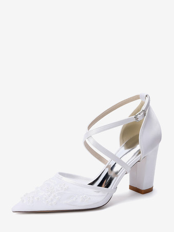 blanco Zapatos de boda de encaje para mujer punta puntiaguda tacón de bloque cruzado zapatos de novia