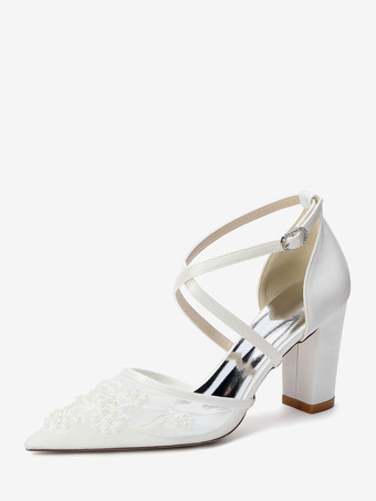 Marfil   Zapatos de boda de encaje para mujer punta puntiaguda tacón de bloque cruzado zapatos de novia