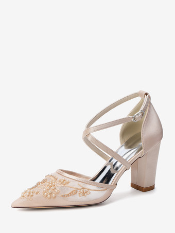 Color champañaZapatos de boda de encaje para mujer punta puntiaguda tacón de bloque cruzado zapatos de novia