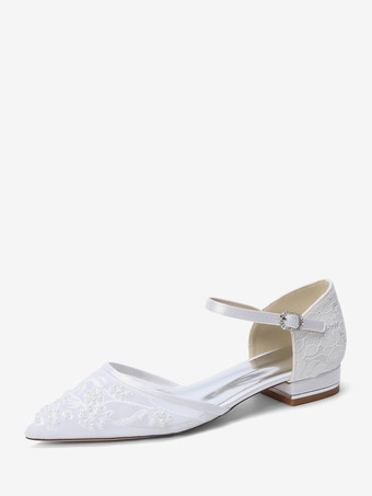 blanco Zapatos de boda de encaje para mujer zapatos de novia planos con punta puntiaguda