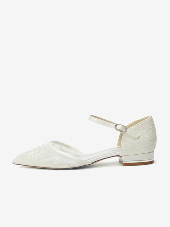 Zapatos de boda de encaje para mujer zapatos de novia planos con punta puntiaguda