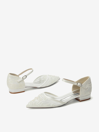 Zapatos de boda de encaje para mujer zapatos de novia planos con punta puntiaguda