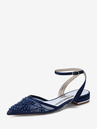azul oscuro Zapatos de novia de satén con punta blanca y apliques planos