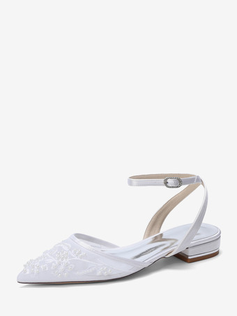 blanco Zapatos de novia de satén con punta blanca y apliques planos
