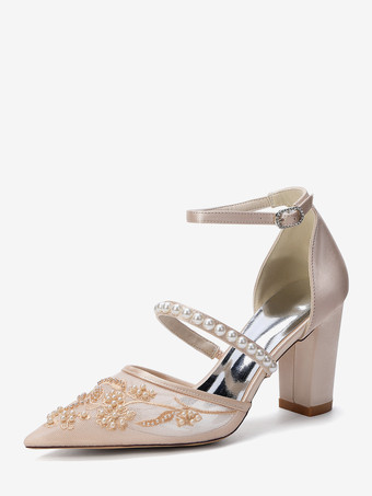Champagne Scarpe da sposa con tacco grosso punta a punta perle scarpe da sposa con tacco alto