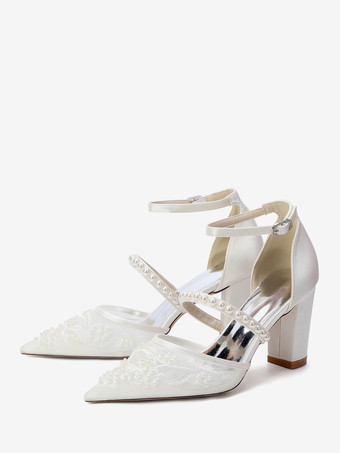 Scarpe da sposa con tacco grosso punta a punta perle scarpe da sposa con tacco alto