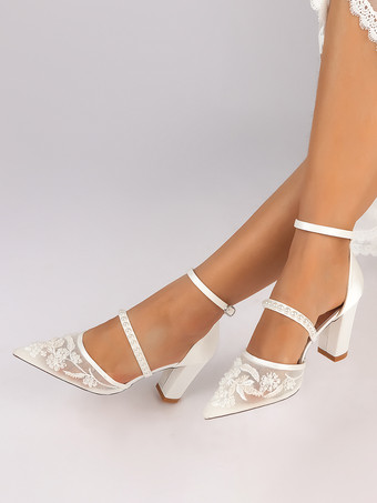 Scarpe da sposa con tacco grosso punta a punta perle scarpe da sposa con tacco alto
