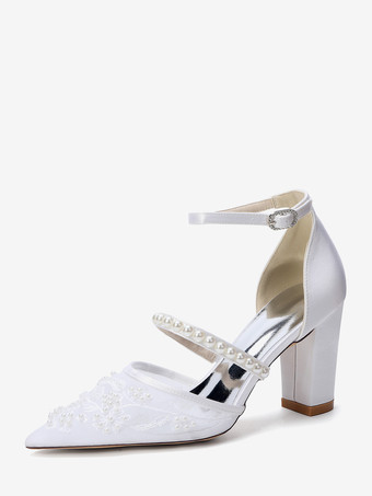 Bianco Scarpe da sposa con tacco grosso punta a punta perle scarpe da sposa con tacco alto
