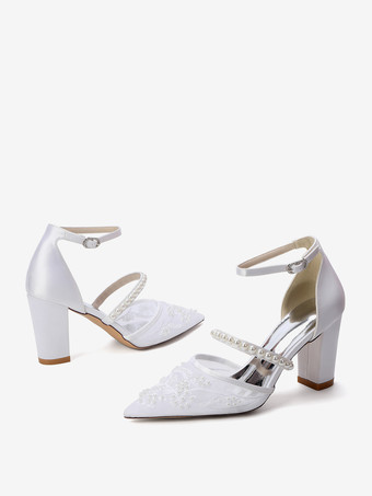 Scarpe da sposa con tacco grosso punta a punta perle scarpe da sposa con tacco alto