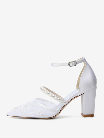 Scarpe da sposa con tacco grosso punta a punta perle scarpe da sposa con tacco alto