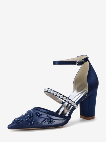 Blu scuro Scarpe da sposa con tacco grosso punta a punta perle scarpe da sposa con tacco alto