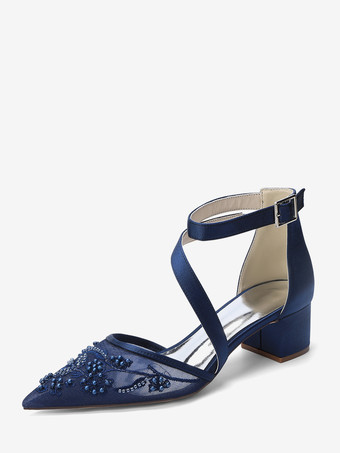 Blu scuro Scarpe da sposa con tacco grosso punta a punta perline cinturini tacco basso